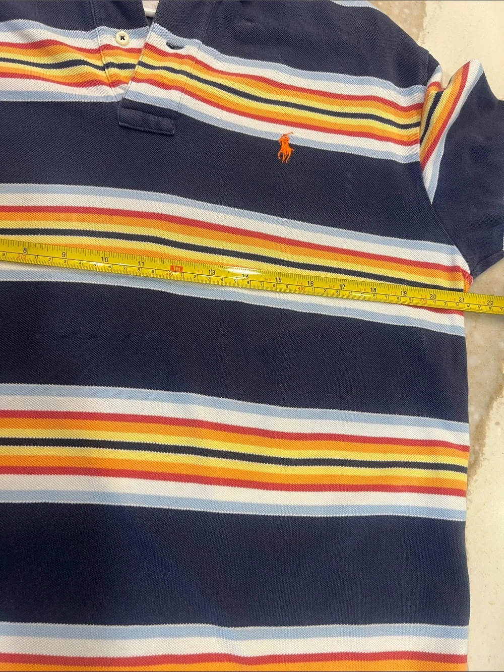 Polo by Ralph Lauren Navy Polo with Yellow, Red and Light Blue Stripes Medium